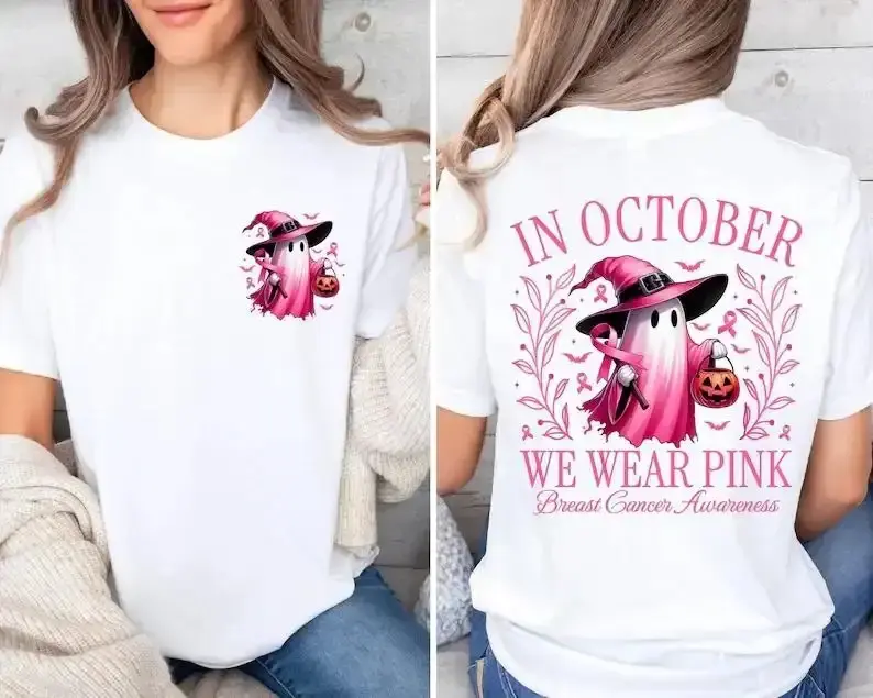 In October We Wear Pink Ghost Shirt, Halloween in October We Wear Pink, Breast Cancer Awareness Shirt,  Pink Ribbon Shirt, Wear Pink Pumpkin