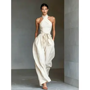 2026 New Linen Cross Cami Jumpsuit Women Tie Waist Wide Leg Casual Romper