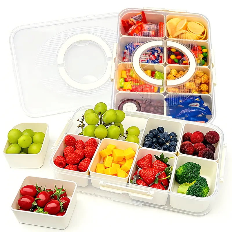 Double Layer Snack Divider Tray with Lid and Handle 2-Pack Clear Storage Organizer for Candy Fruit Travel and Party Containers Kitchen Reusable Silicone Utensils Portable Transparent Flexible Sturdy Leak-proof Snack Container