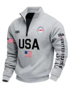 Men's Fall Winter Stand Collar Half-Zip Pullover Sweatshirt, Half Zip Sweatshirts, Usa Letter Graphic Print, Casual Fitted Long Sleeve Top