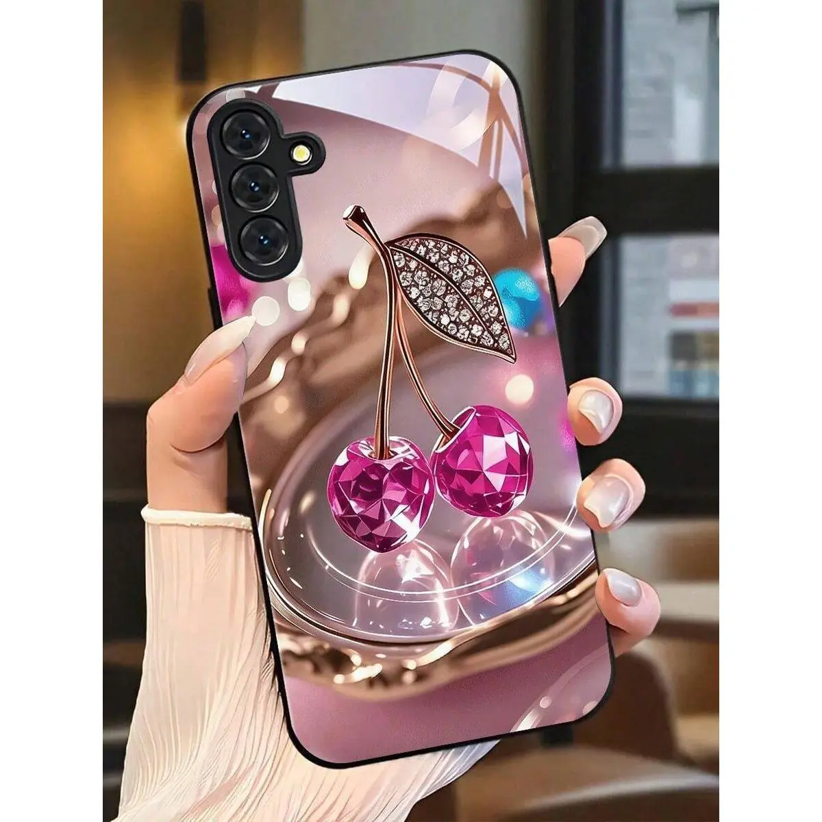 Diamond Cherry Glass Phone Case.Suitable For IPhone 17, 16, 15, 14, 13, 12, 11, Pro Max Plus, And Galaxy S26/S25/24/23/22/21/ULTRA/PLUS/FE/Able-Pri71/56/55/54/53/52/36/35/34/26/25/23/16/15/14/13/06.Tailor-Made Phone Case For Fashionable Perfection.