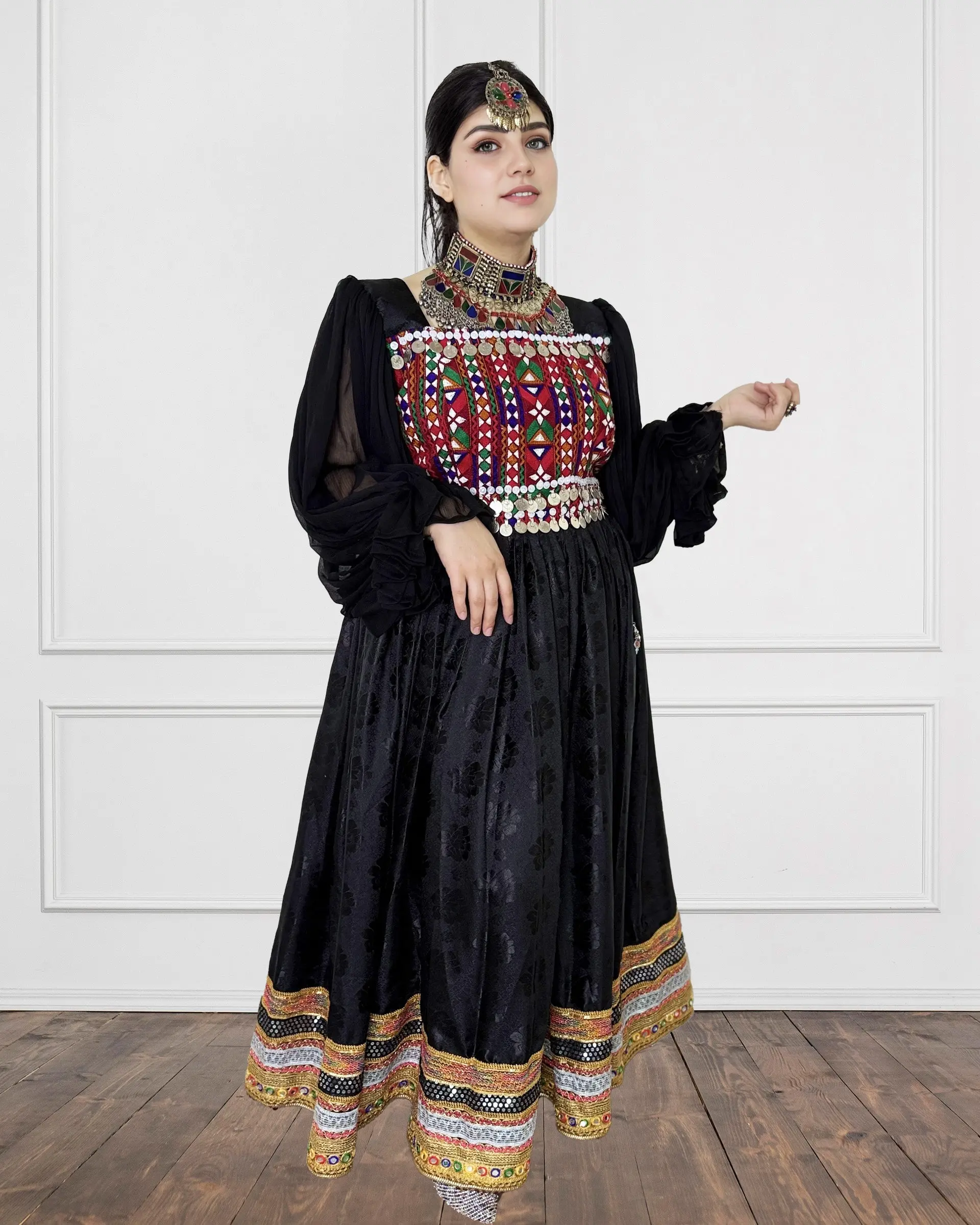 Women's Midnight Royalty Afghan Wedding Dress, Bold Tribal Embroidery, Chiffon Clothes with Golden Mirror Skirt