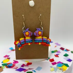 3D Printed Plastic Piñata Pendant Hook Earrings and Unisex Keychains, Vibrant Fiesta Themed Accessories
