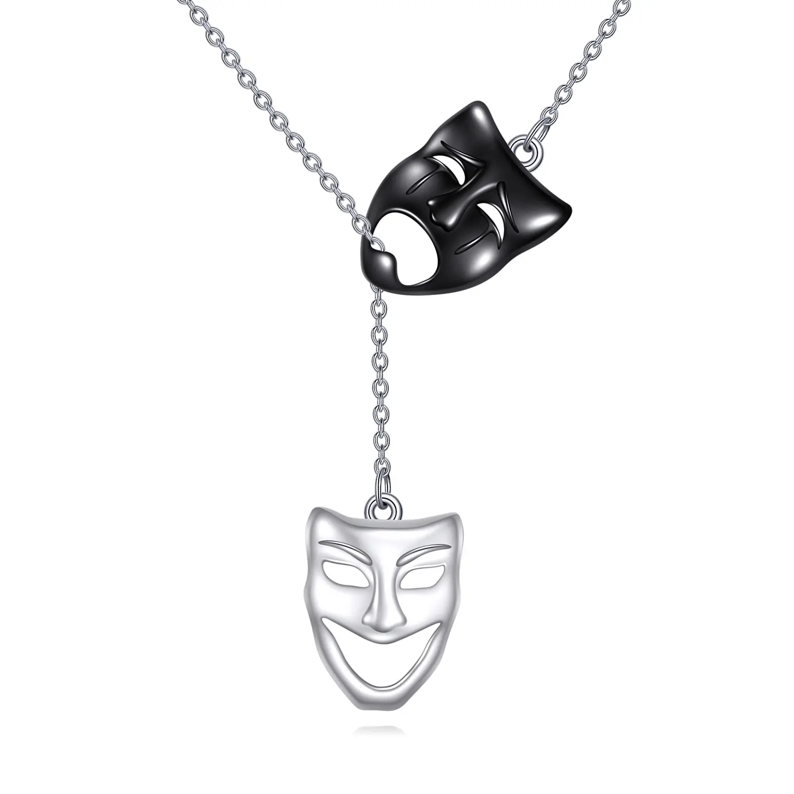 Sterling Silver Theater Mask Necklace - Comedy-Tragedy Mask Pendant, Female Adults' Theater Jewelry Gift for Birthday, Anniversary, All Seasons, Branded Gift Box