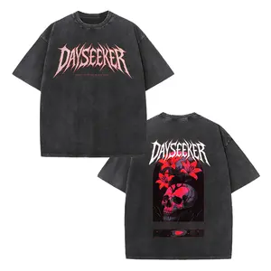 Vintage Black Washed Gothic T-Shirt, Dayseeker Band Logo Front & Skull Flower Back Print, Oversized Unisex Tee for Metal Fans & Street Style
