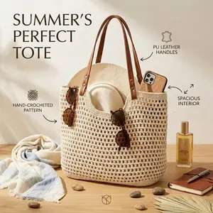 Crochet Tote Bag for Women, Hollow Out Knitted Mesh Shoulder Bag with Faux Leather Handles, Summer Beach Bag, Boho Woven Purse for Travel, Vacation, Shopping & Daily Use