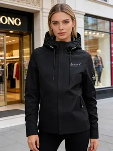 Women's Hooded Zipper Jacket Coat, Letter Print, Casual Outdoor Sports Windbreaker, Fitted Design, Fall & Winter Commuter Wear, Sport Outdoor Clothing