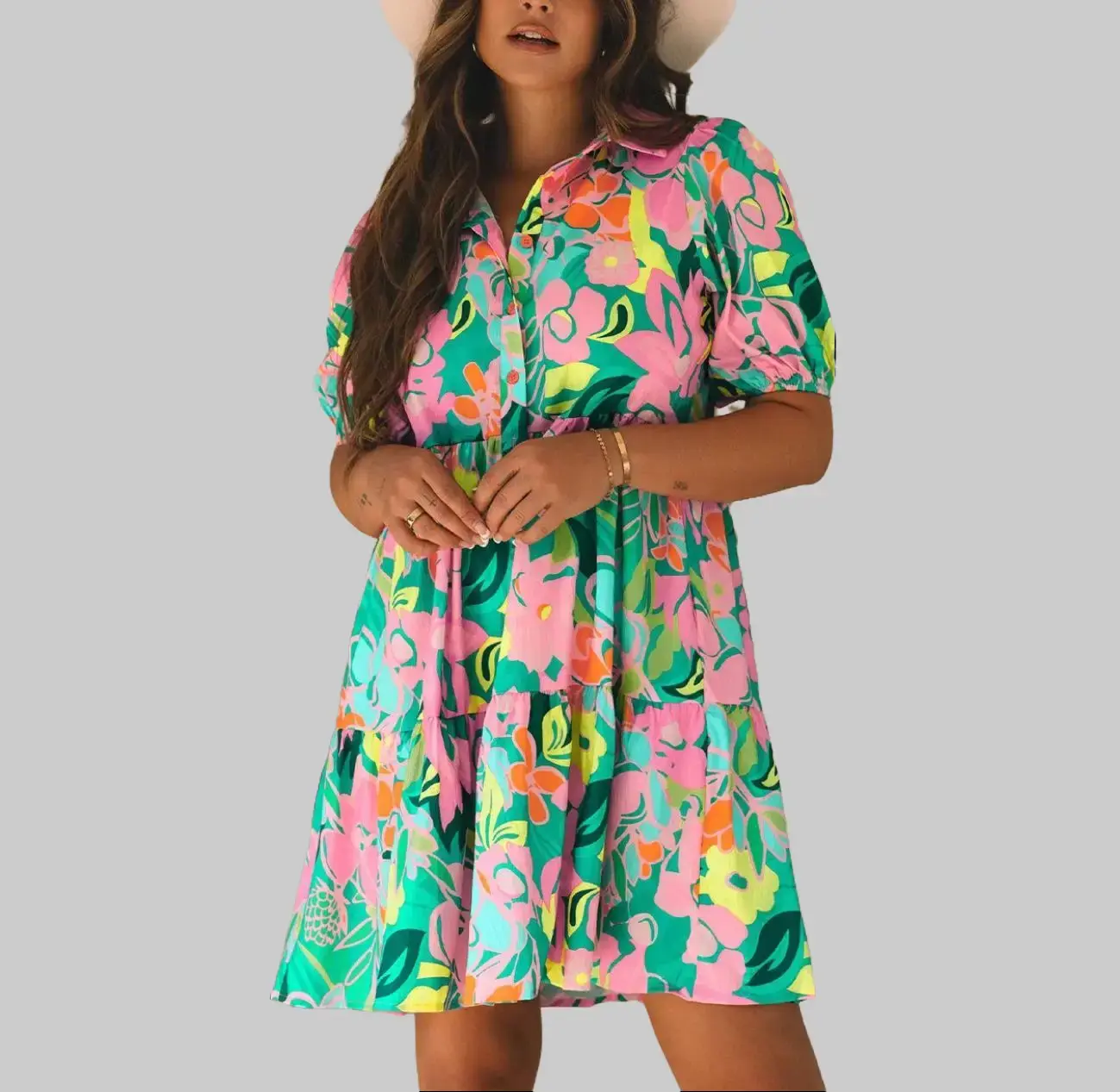 Women's 2026 SS Chic Elegant Green Microfloral Print Puff-Sleeve Collared Buttoned Mid-Length Babydoll Casual Dress - 100% Polyester, Front Tie-Up, Spring Wear, Flower Casual Dresses, Shortsleeve Option