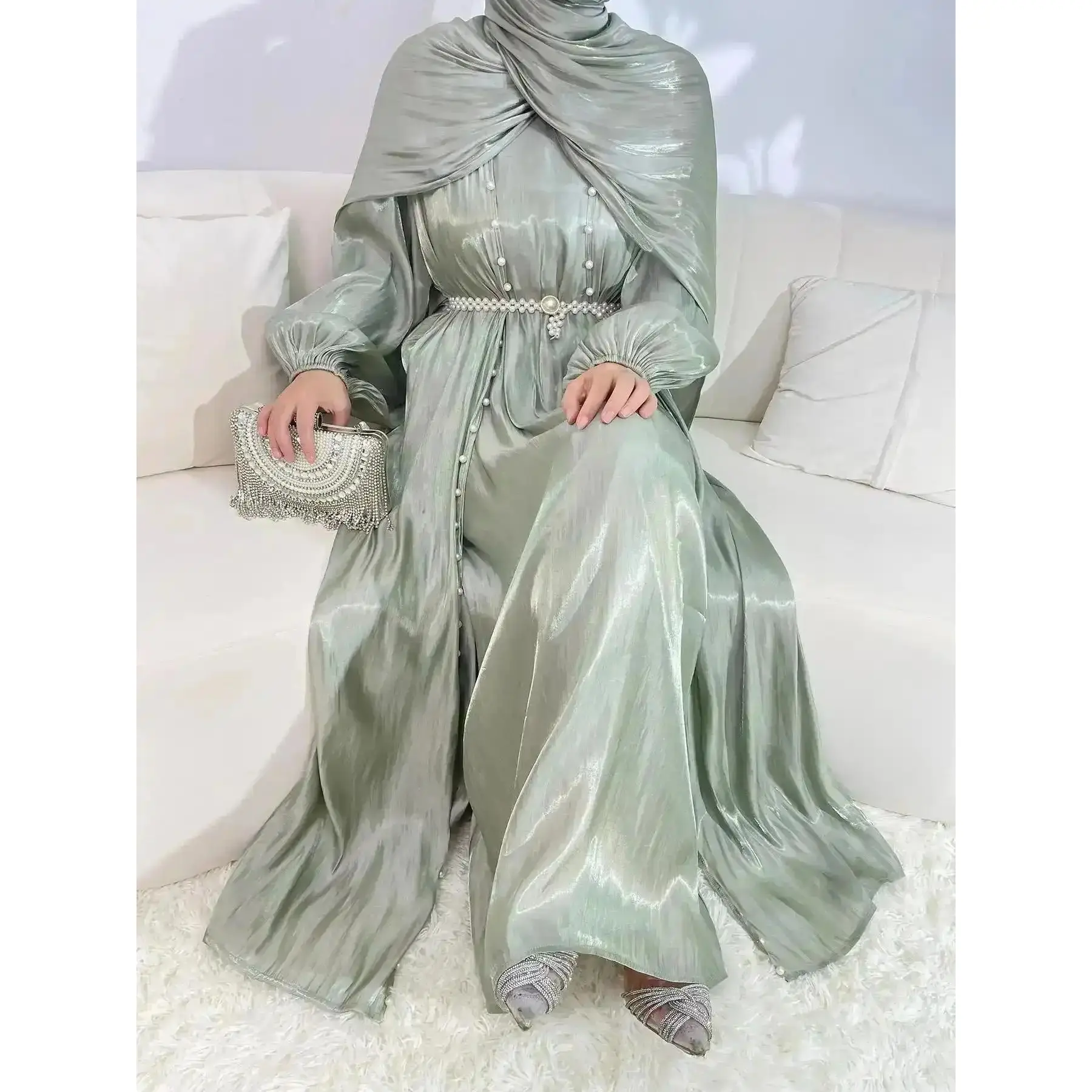 Feminine Lace Blouse, Belted Abaya & Tank Dress Set, Elegant Bishop Sleeve Outerwear & Long Ladies' Islamic Clothing for All Seasons, Modest Color, Aesthetic, Chic, Casual Cool, Viral Style, Beachwear, Party Outfit