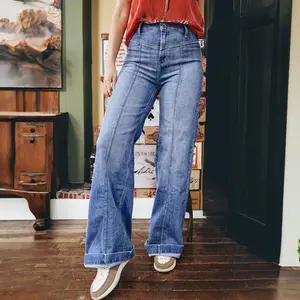 Women��s Blue High Rise Tailored Center Seam Detail Loose Straight Jeans