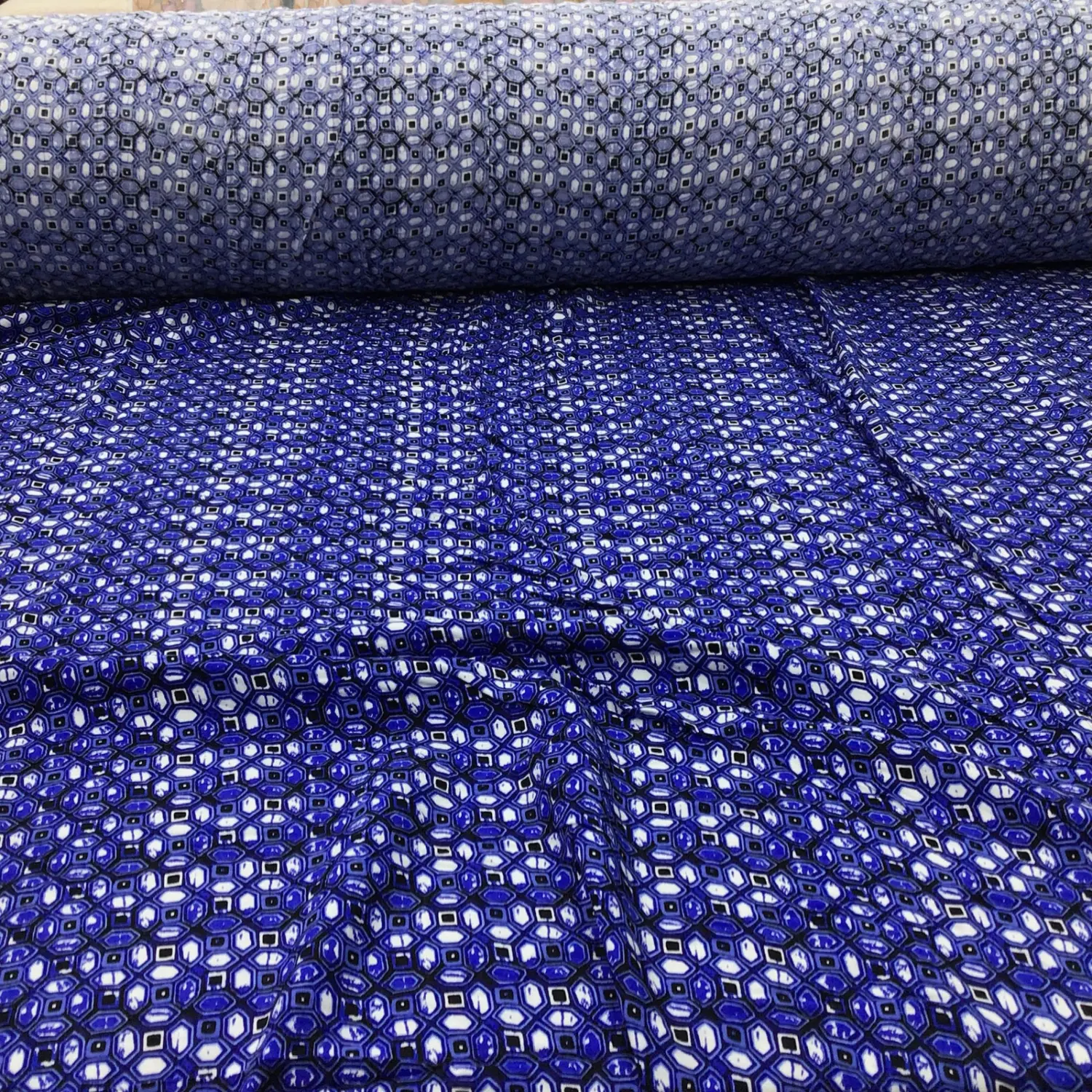 Challis Rayon Apparel Fabric Blue White Black Geometric E320