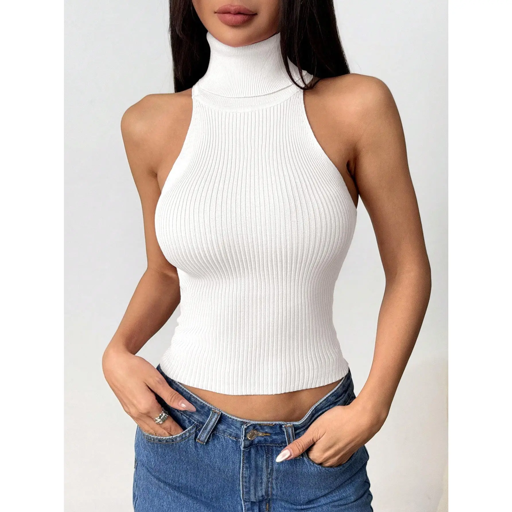 Women's Halter Neck Tops, Ribbed Knit Sleeveless Turtleneck, Sculpted Slim Fit for All-Season Layering, High Neck, Essential