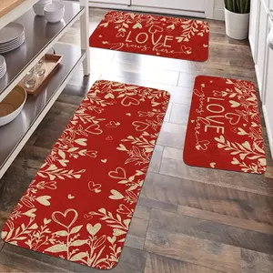 JIT 2/3pcs Valentine's Day Simple Love Flower Carpet Carpet Decoration Gift Kitchen Carpet Set, Flannel bedside set floor mat anti-slip washable bedside soft carpet, suitable for kitchen, laundry room, corridor floor running mat carpet