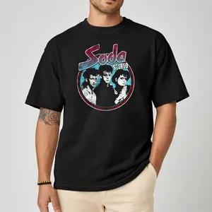 Soda Stereo Retro Distressed Circle Comfort Color Letter Printed Tee Ring-Spun Cotton Soft-Washed T-Shirt Trendy Tops Perfect Gift Layer Menswear