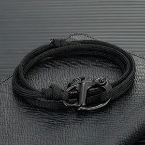 Men's Black Spring Lock Shackle Nylon Rope Bracelet Stainless Steel Shackle Paracord Survival Sailing Jewelry Gifts