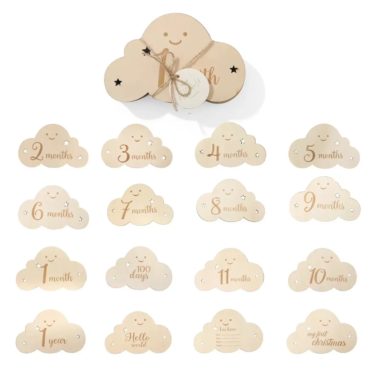 Cute Wooden Cloud Monthly Milestone Cards,Baby Growth Photo Prop Set, 1 Month to 1 Year,New born Christmas Gift, Creative Baby Shower Present, Newborn, Wooden Material
