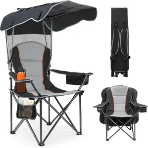 Heavy Duty Folding Camping Chair with Adjustable Sun Shade Canopy – Supports 500lbs, Cup Holder & Side Pockets, Outdoor Beach Chair, Black