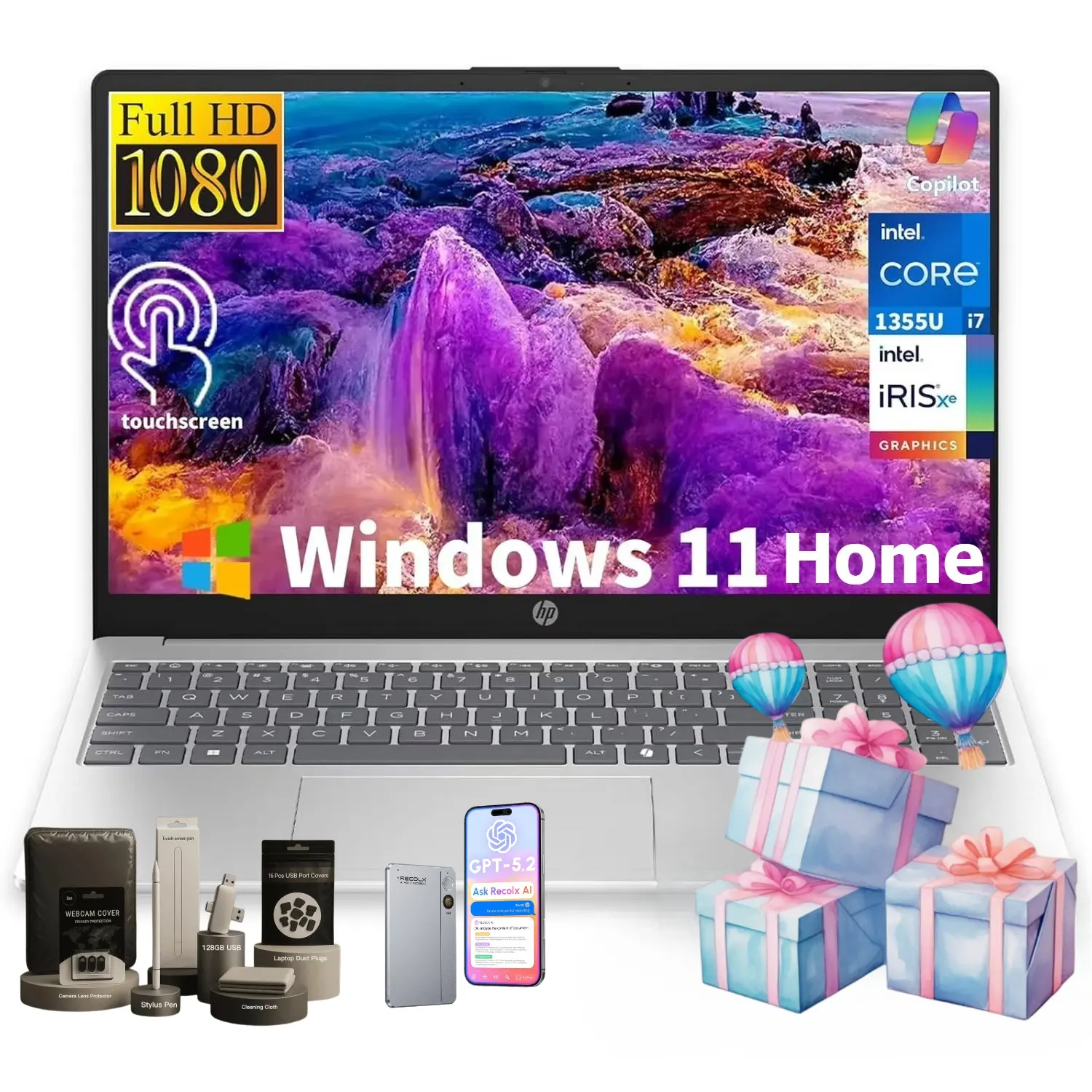HP 15.6" FHD Touchscreen Business Laptop | Intel Core i7-1355U Up to 5.0GHz | Wi-Fi 6 | HD Webcam | HDMI | Copilot AI | Windows 11 Home | Up to 32GB RAM 512GB SSD | Bundle Accessory Included