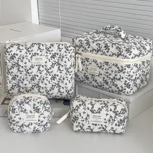 Retro black floral patchwork makeup bag set, 4 pieces — girly coquette travel storage bags