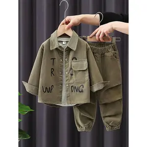 New(New)Spring New Boys' Letter Corduroy Long Sleeve Set, Autumn Casual Turn- Collar Shirt and Pants Three-Piece Outfit, Perfect for Outdoor