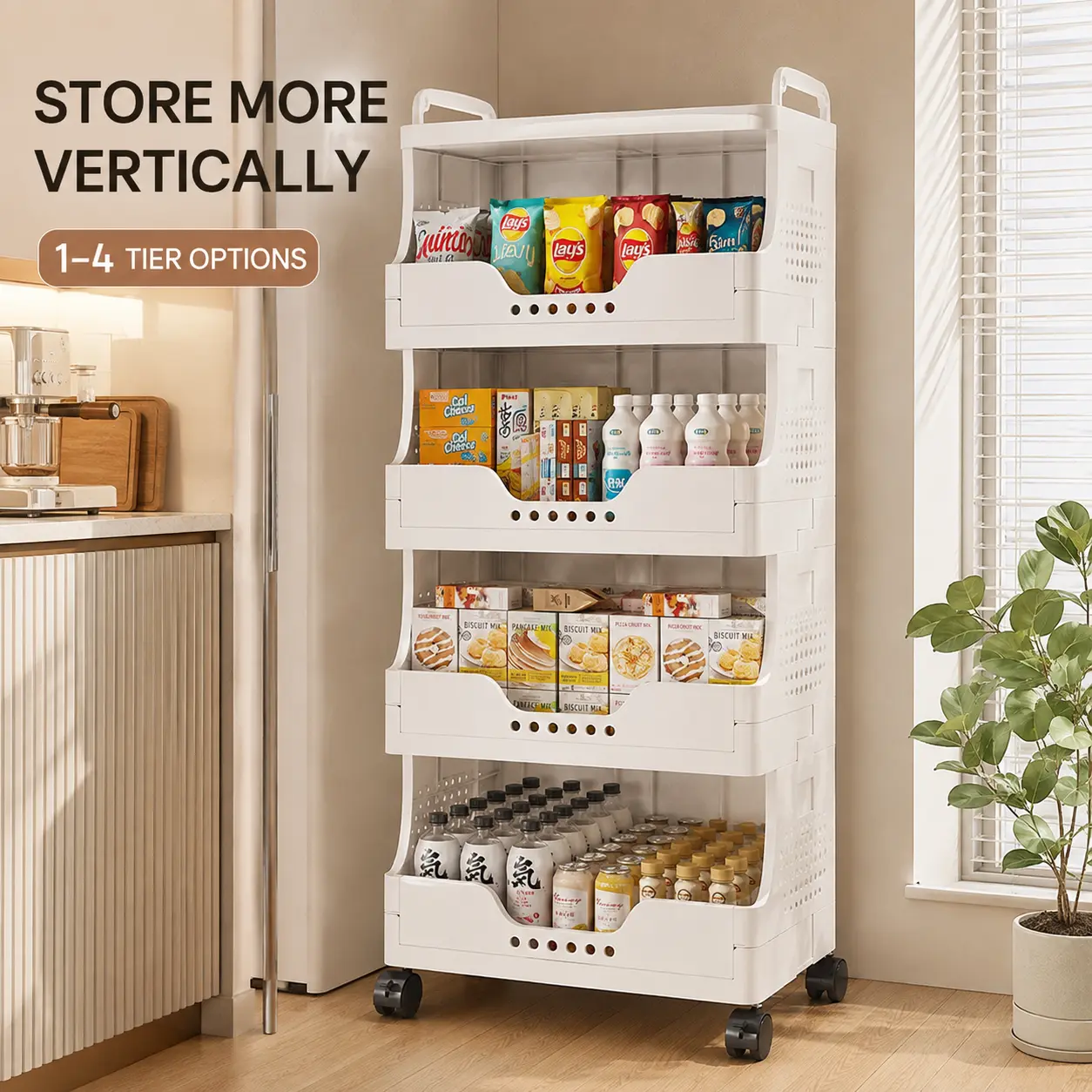 Durable Organizer Storage Rolling Cart - 1/2/3/4-Tier with Foldable Baskets, 360° Wheels & Top Handles, Large-Capacity Stackable Rack for Kitchen, Bathroom, Bedroom