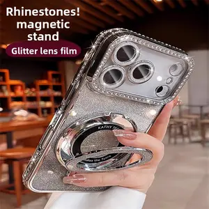 Glitter Rhinestone Magnetic Stand Compatible with iPhone 17 Pro Max Phone Case with Lens Protector Apple 16 Shockproof Soft