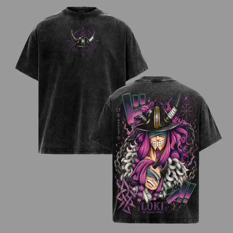 Men's Retro Vintage Washed Short-Sleeve Crewneck Tshirt - Unisex Loki The Cursed Prince Elbaf Giant Manga Front-Back Printed Oversized Anime Streetwear Top