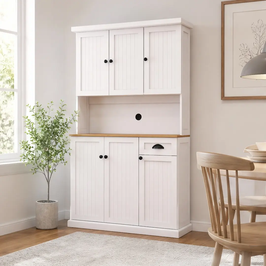 ARCH 71" Kitchen Pantry Storage Cabinet with Microwave Countertop, Freestanding Hutch Sideboard Buffet with Adjustable Shelves, 6 Doors 1 Drawer, White MDF for Dining Room Living Room Kitchen Organization, White Color Options, MDF Material
