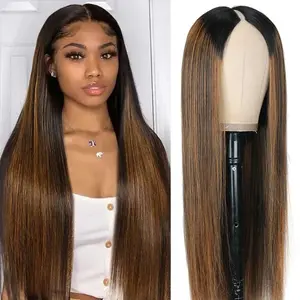 Mamushow Highlight V Part Wigs Human Hair Straight Ombre Brown Upgrade U Part Wigs 180% Density Glueless Full Head Clip In Half Wigs #FB30
