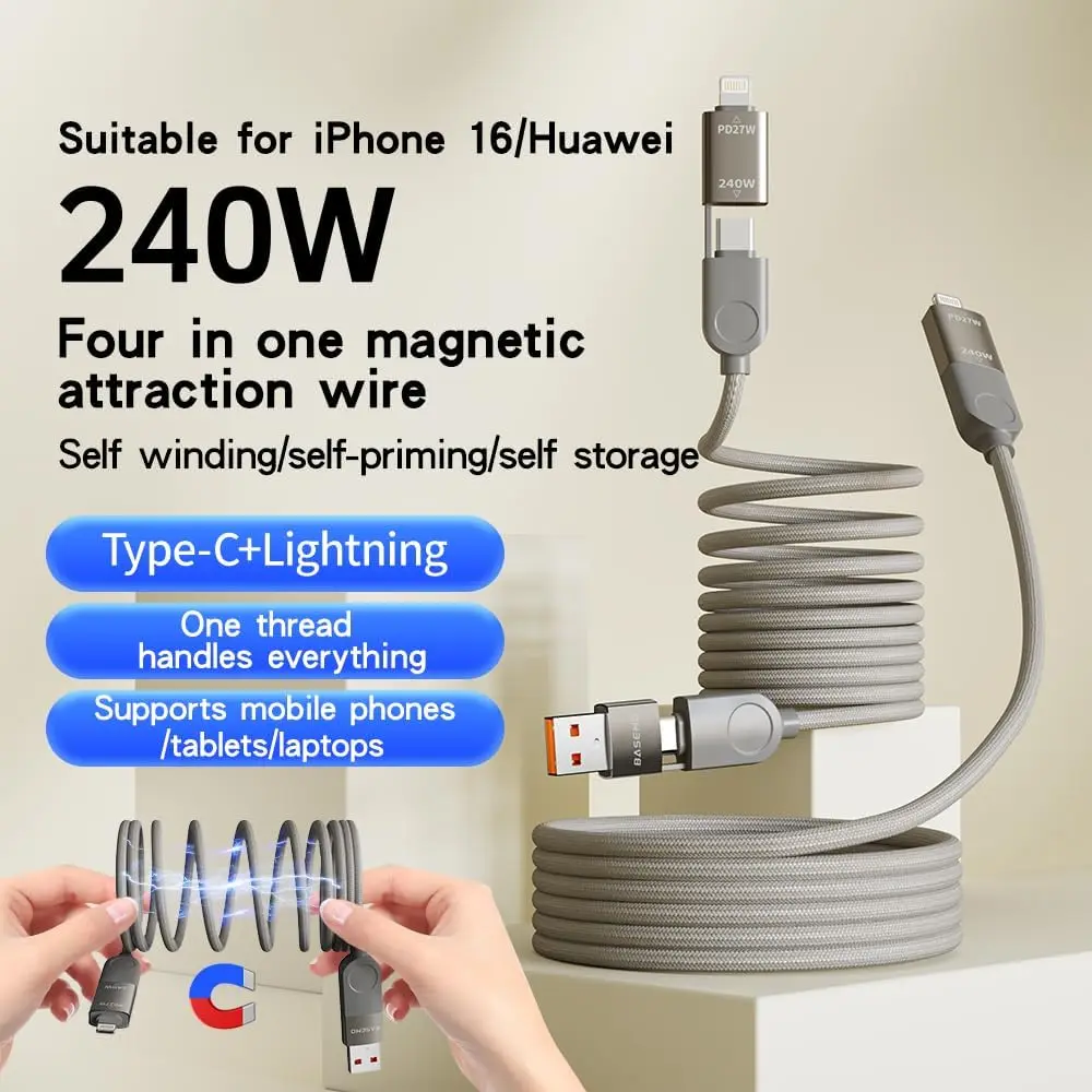 240W Magnetic USB C Cable [Automatic Coiled], 4-in-1 Multi Charging Cable (1.2M), USB A/C to C/L, Fast Charger for iPhone 16/15/14 Pro Max, MacBook, iPad, Samsung S24 & More - Grey