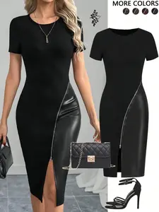 Women's Casual Minimalist Aesthetic Solid Color Short Sleeve PU Leather Patchwork Fitted Dress, Womenswear, Zipper Design, Perfect for Daily Wear, Stylish and Comfortable, Classy, Street Style, On The Go