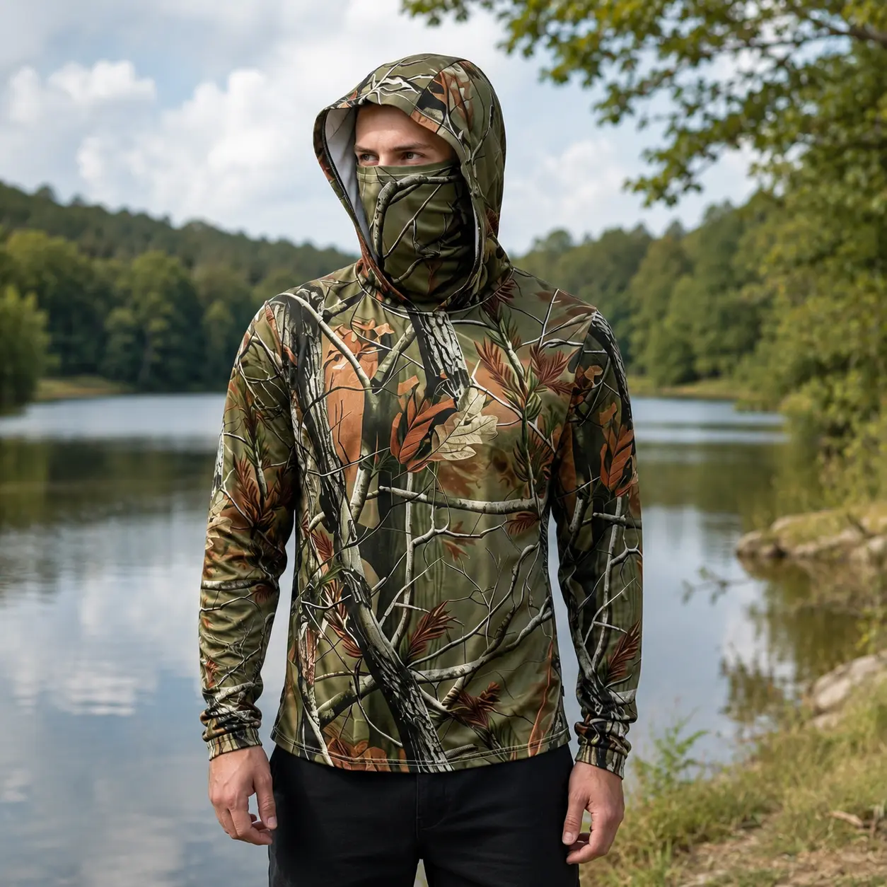 Men’s Camo Hooded Sun Protection Shirt with Face Cover, Lightweight Long Sleeve Outdoor Top for Hunting, Fishing and Hiking