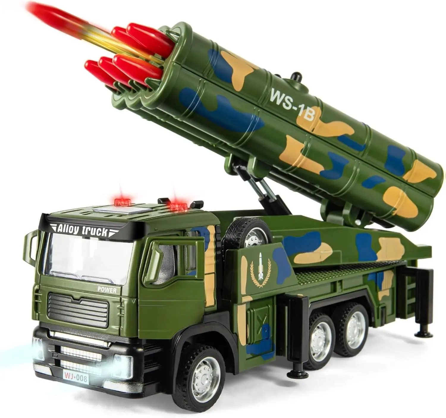 WS-1B Army Truck Toy, 6-Missile Pull-Back Military Playset with Light, Sound, 360-Degree Rotatable Turret, Realistic Features, ABS Plastic & Alloy Build, Thanksgiving Gift for Boys Ages 3-6 for Authentic Battle Experience, 3-6 Years