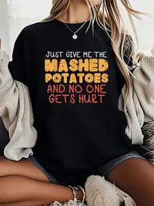 100% Cotton Unisex Give Me Mashed Potatoes Funny Thanksgiving Men Women T-Shirt -Thanksgiving Family Turkey Pumpkin Pattern T-shirt