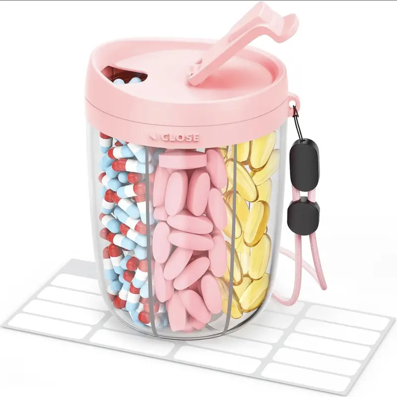 Large Pink BPA-Free Pill Organizer - 6 Large Compartments, Easy Wide Opening, Anti-Mix Portable Built-In Organizer with Stick-On Time Labels for Travel, Holds Bottles/Capsules/Monthly Variants