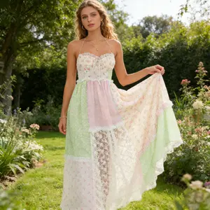 Halter Long Dresses for Women Summer Fashionable Patchwork Lace Trim Tie up Sleeveless Dress 2026 New Model