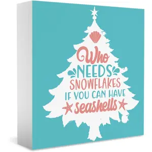 Beach Coastal Christmas Decorations for Home Beach House Coastal Beachy Christmas Decor for Office Indoor Home Bedroom Room Table Kitchen Bathroom Wooden Sign 5x5 inch