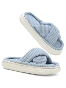 Women's Summer Indoor Outdoor Slippers, Corduroy Eva Material, Cross Strap Design, Soft Velvet Outerwear, Ladies Living Room Slippers