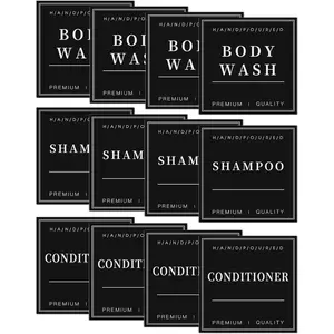 12 Minimalist Bathroom Organization Labels for Shampoo Conditioner Body Wash, Preprinted Waterproof Soap Dispenser Label Stickers for Glass/Plastic Bottles (Black,3inch*3inch)