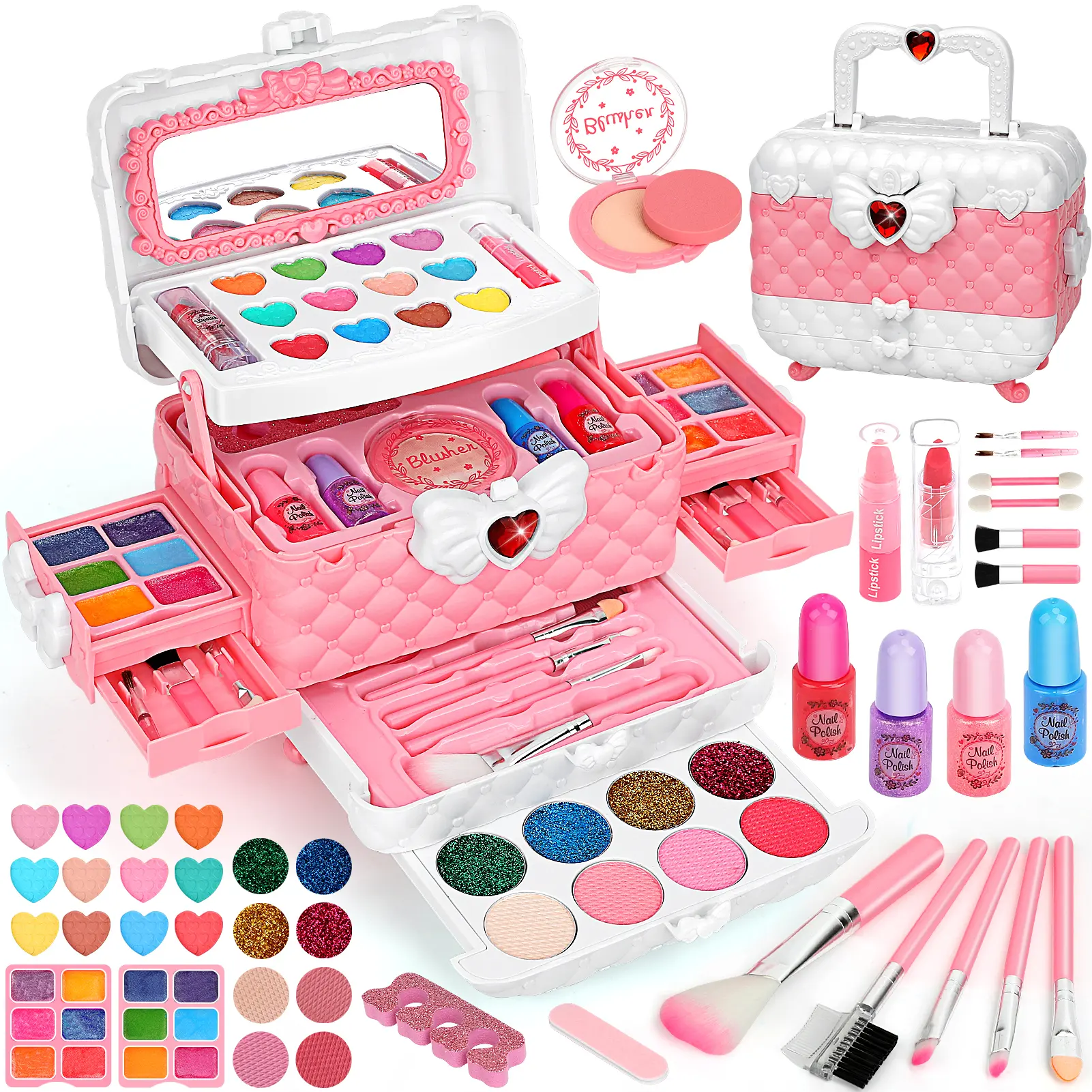 54Pcs Kids Washable Real Makeup Girl Toys - kids stuff for girls, Contains nail polish, lipstick, eye shadow, makeup mirror, etc, Girls Kids toys, Christmas Gifts, Suitable for girls aged 3-12 (Pink) Pretend Play Set