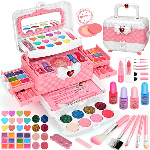 54Pcs Kids Washable Real Makeup Girl Toys - kids stuff for girls, Contains nail polish, lipstick, eye shadow, makeup mirror, etc, Girls Kids toys, Christmas Gifts, Suitable for girls aged 3-12 (Pink) Pretend Play Set