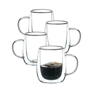 Espresso Glass Cups, 7.4oz/210ml Double Walled Espresso Coffee Mugs Set of 4, Clear Hand Blown Insulated Glass Coffee Cups with Handle for Espresso, Cappuccino, Latte, Americano, Coffee Lovers Gift