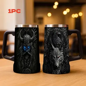 24 Oz Stainless Steel Insulated Water Bottle, Durable Insulated, Viking Mythology Design, Odin Wolf Raven Theme, Portable Outdoor Sports Flask