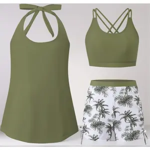 Girls Tankini Swimsuit with Shorts 3 Piece Tween Bathing Suit Sports Bra and Halterneck Cover Up Sets for Teen 7-16Y