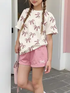 Girls' Bottom Bow Short Sleeve Shorts Set, Casual Fitted, Daily Wear, Soft Girl Style, No Zipper, No Button