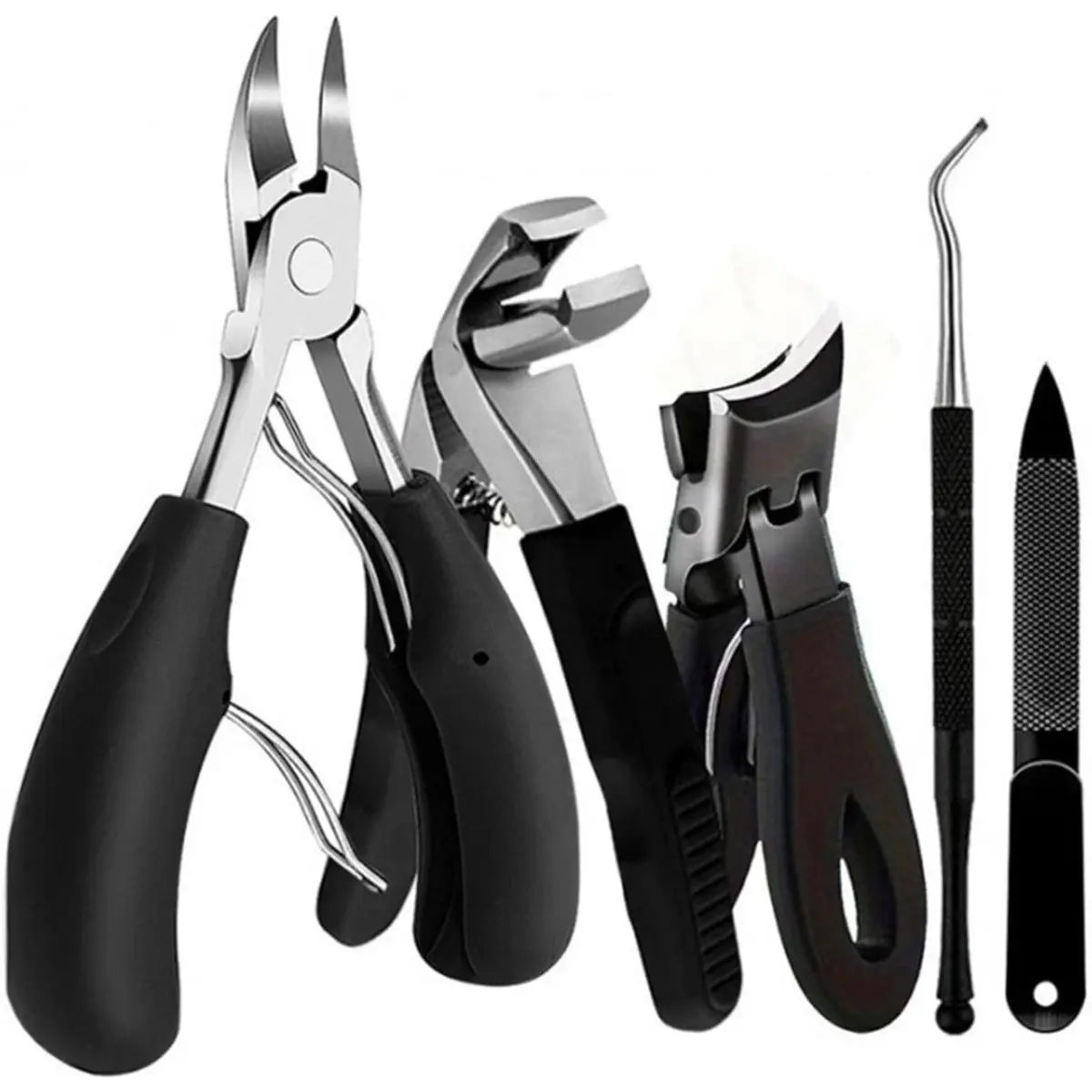 Stainless Steel Nail Care Kit 5pcs Heavy-Duty Precision Cutting for Thick Nails Includes Slant Tweezers Cuticle Pusher Eagle Beak Pliers Manicure Tools Durable Rust-Resistant Black
