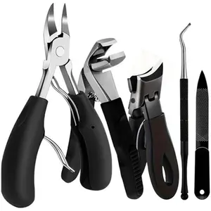 Stainless Steel Nail Care Kit 5pcs Heavy-Duty Precision Cutting for Thick Nails Includes Slant Tweezers Cuticle Pusher Eagle Beak Pliers Manicure Tools Durable Rust-Resistant Black