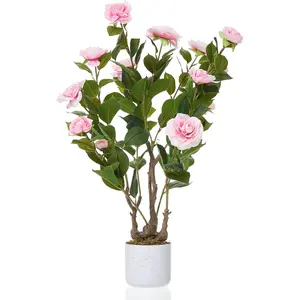 Artificial Camellia Tree,Artificial Plants in Pot with White/Pink Flowers, Fake Artificial Tree for Indoor and Outdoor,Wedding Decoration