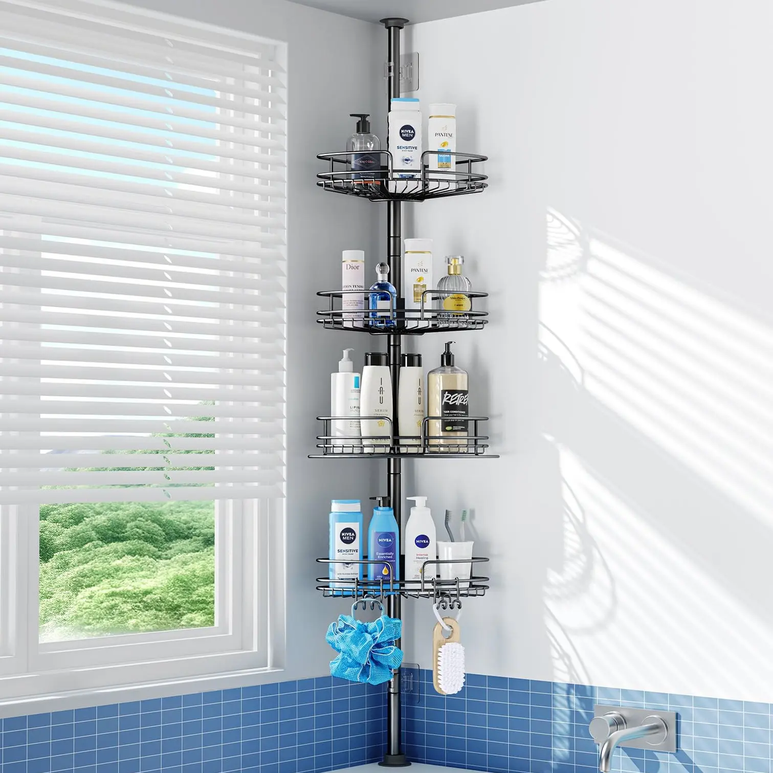 PKBD 4-Tier Rustproof Telescopic Corner Shower Caddy - Black | Height Adjustable No Drilling Bathroom Storage from 58.5 to 317.5 cm, with 4 Large Capacity Adjustable Baskets