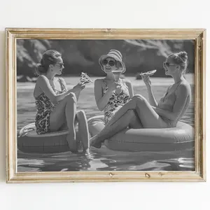 Women on Floaties Wall Art - Black & White Pizza & Beer Print, Poster Unframed